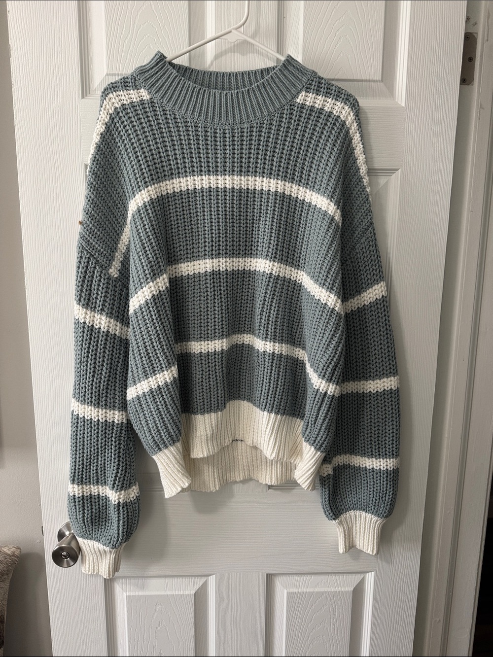 In loom Cozy Crewneck Striped Knit Sweater - Bluish green&Cream